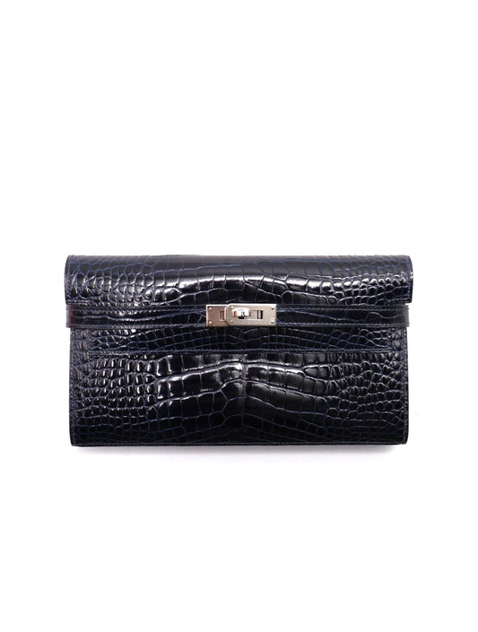HERMES Kelly wallet - 亮面鱷魚皮深海藍銀 T