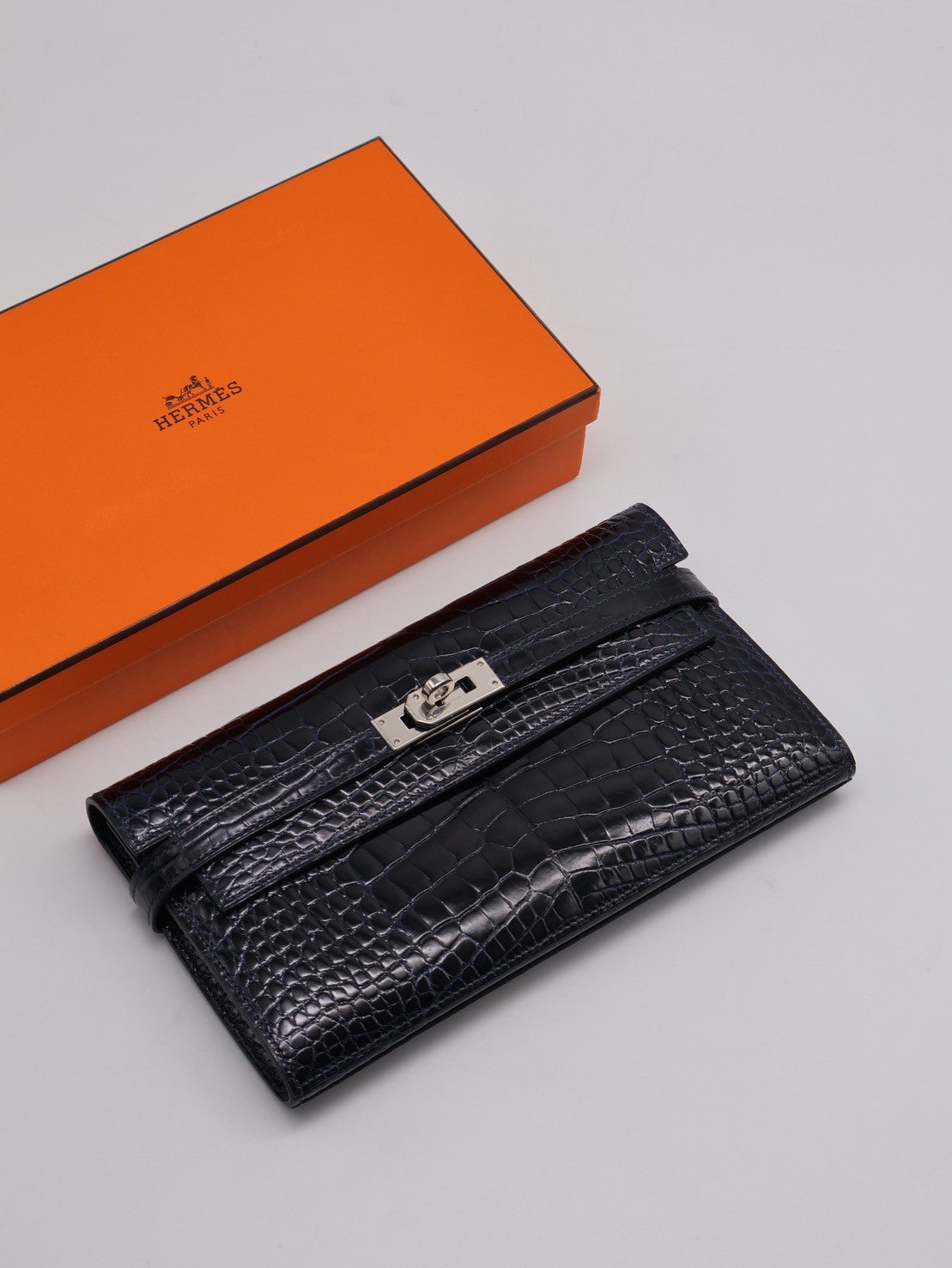 HERMES Kelly wallet - 亮面鱷魚皮深海藍銀 T