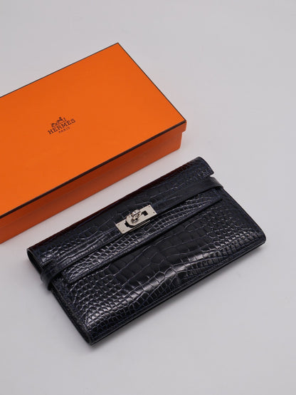 HERMES Kelly wallet - 亮面鱷魚皮深海藍銀 T