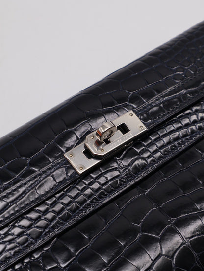 HERMES Kelly wallet - 亮面鱷魚皮深海藍銀 T
