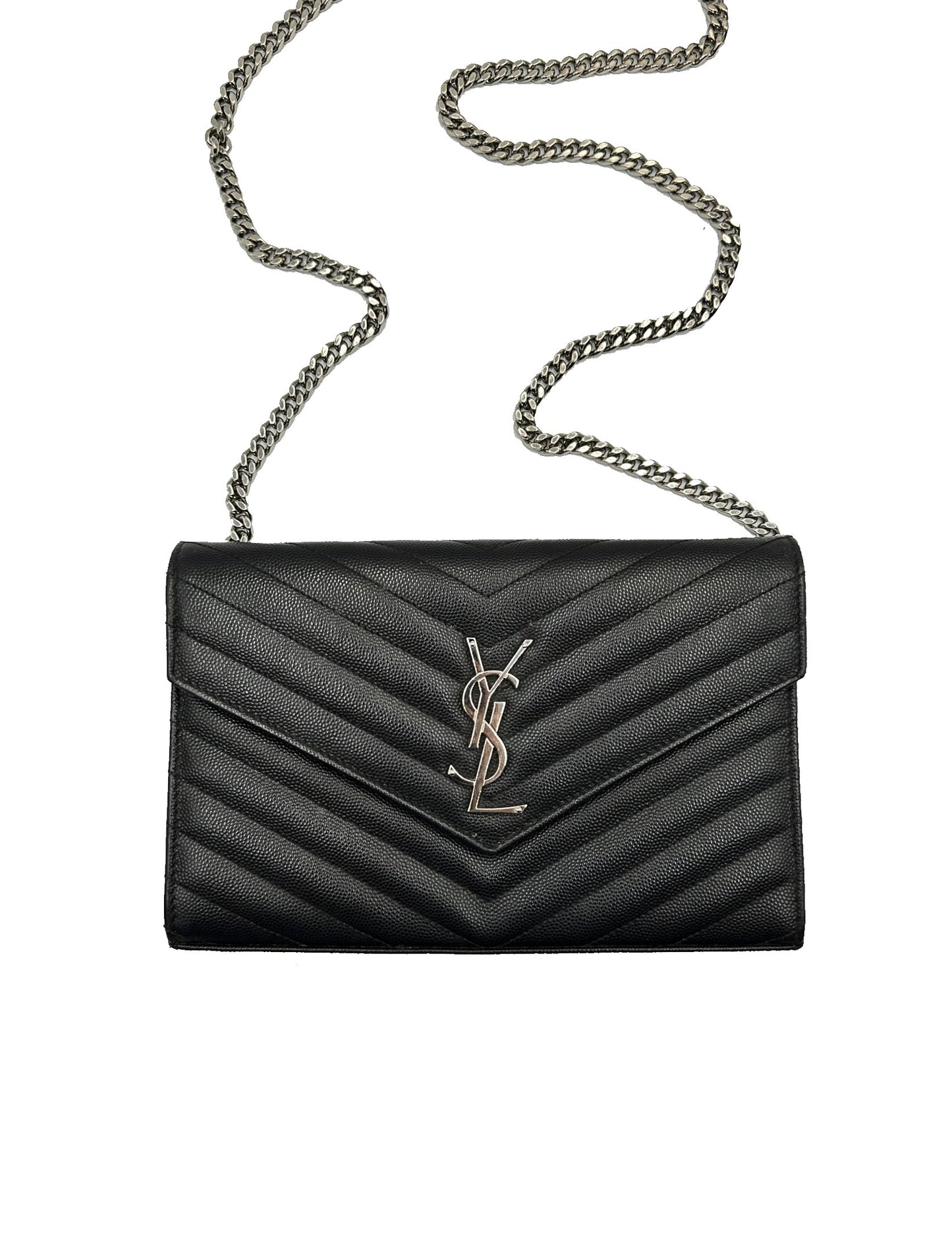 【Preowned】YSL Cassandre V紋荔枝牛皮WOC - 黑銀