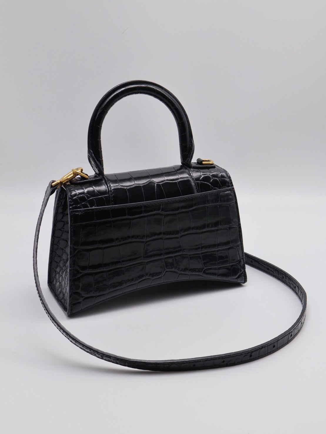 Balenciaga 閃亮小牛皮鱷魚壓紋沙漏包 - XS黑金