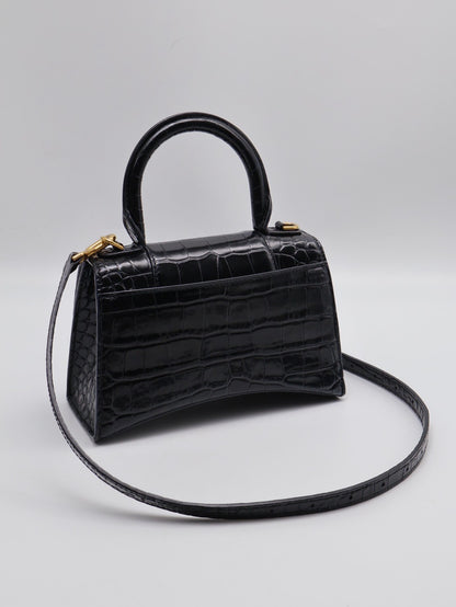 Balenciaga 閃亮小牛皮鱷魚壓紋沙漏包 - XS黑金