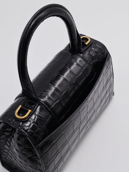 Balenciaga 閃亮小牛皮鱷魚壓紋沙漏包 - XS黑金
