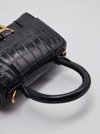 Balenciaga 閃亮小牛皮鱷魚壓紋沙漏包 - XS黑金