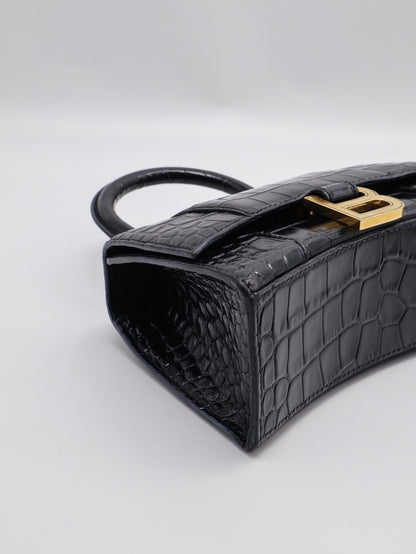 Balenciaga 閃亮小牛皮鱷魚壓紋沙漏包 - XS黑金