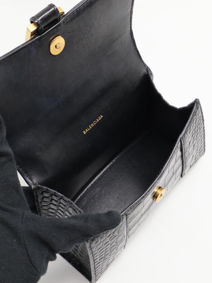 Balenciaga 閃亮小牛皮鱷魚壓紋沙漏包 - XS黑金