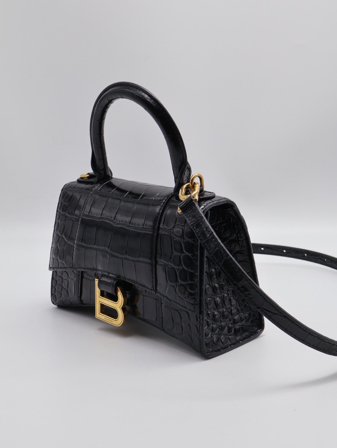 Balenciaga 閃亮小牛皮鱷魚壓紋沙漏包 - XS黑金