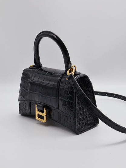 Balenciaga 閃亮小牛皮鱷魚壓紋沙漏包 - XS黑金