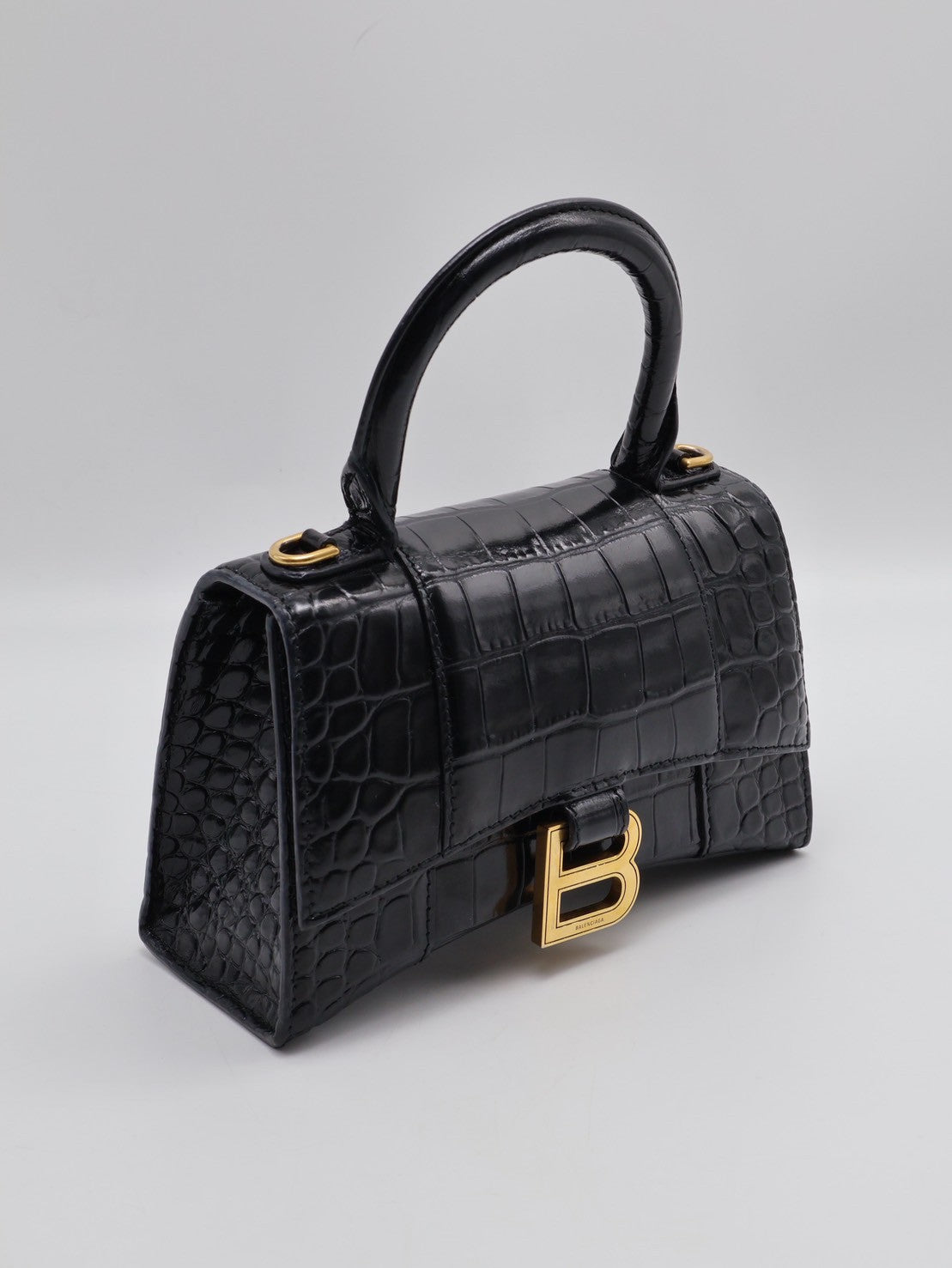 Balenciaga 閃亮小牛皮鱷魚壓紋沙漏包 - XS黑金