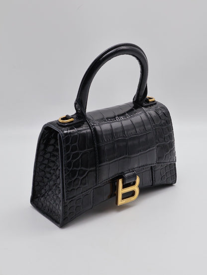Balenciaga 閃亮小牛皮鱷魚壓紋沙漏包 - XS黑金