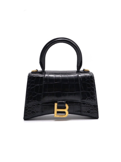 Balenciaga 閃亮小牛皮鱷魚壓紋沙漏包 - XS黑金