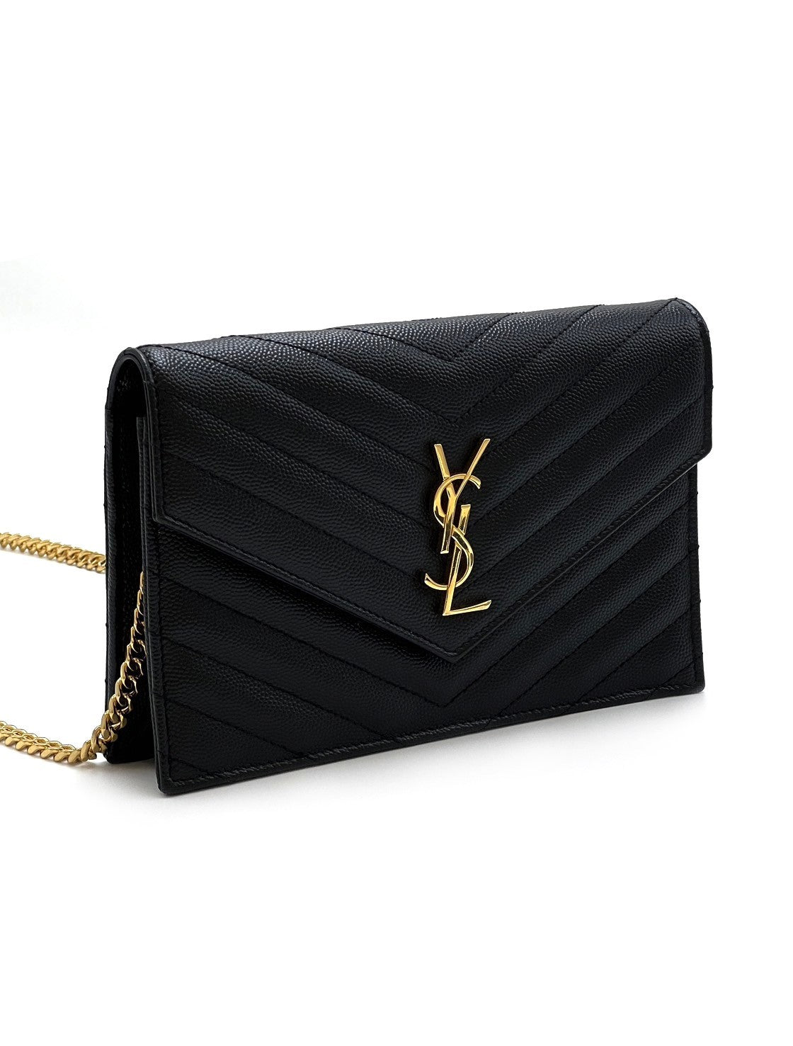 【二手商品】YSL 經典V紋荔枝牛皮拉鍊woc - 黑金